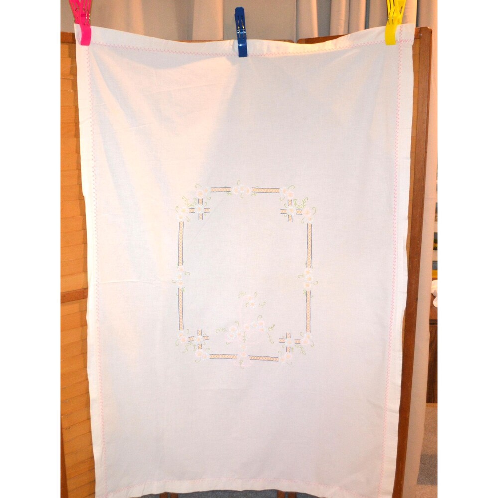 Vintage Tablecloth 1950s Pastels and White on White French Countryside